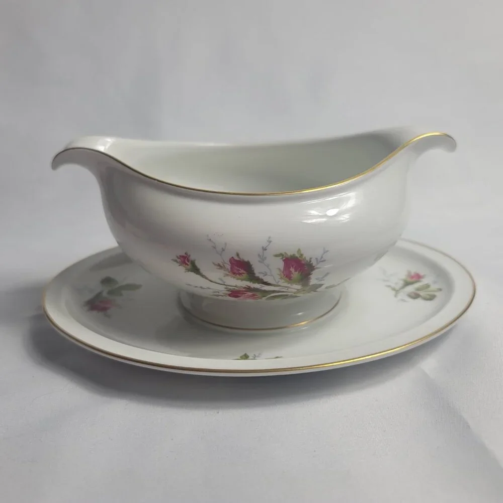 Rosenthal Petal Lane Gravy Boat White Pink Moss Rose Pattern Gold Trim